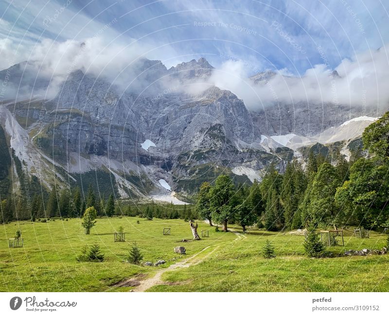 Kleiner Ahornboden Landschaft Wolken Sommer Schnee Baum Gras Berge u. Gebirge gigantisch Unendlichkeit blau grau grün Stimmung Gelassenheit ruhig Einsamkeit