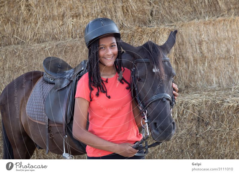 Schöner Teenager mit seinem Pferd lernt reiten. Lifestyle Glück Freizeit & Hobby Ferien & Urlaub & Reisen Sommer Kind Schule Frau Erwachsene Freundschaft