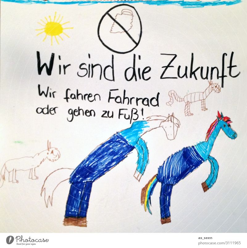 Fridays fpr Future Kunst Kinderzeichnung Umwelt Natur Klima Klimawandel Tier Pferd Papier laufen authentisch einzigartig niedlich blau weiß Gefühle Kindheit