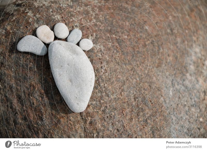Fußabdruck des rechten Fußes aus sechs flachen Steinen Ferien & Urlaub & Reisen Sommer Kunst Natur Erde Küste Ostsee Zeichen braun grau weiß Gelassenheit ruhig