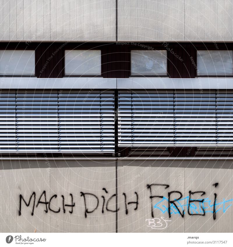 Mach Dich Frei | Geschriebenes Fassade Schriftzeichen Graffiti positiv grau Freiheit Lebensfreude Symmetrie Motivation Farbfoto Außenaufnahme Menschenleer