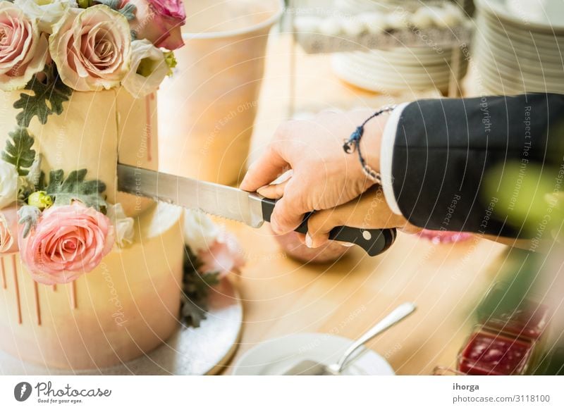 Hochzeitspaar, das an seinem Hochzeitstag die Hochzeitstorte anschneidet Kuchen Dessert Essen Freude schön Dekoration & Verzierung Tisch Feste & Feiern Frau