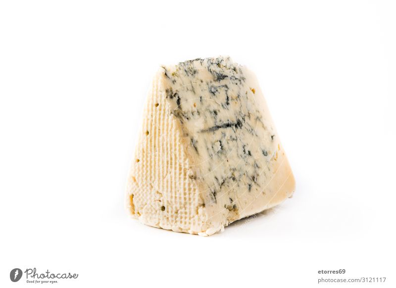 Blaue Käsescheibe isoliert auf weißem Hintergrund Blauschimmelkäse Lebensmittel Gesunde Ernährung Foodfotografie Franzosen Feinschmecker Italienisch Europa