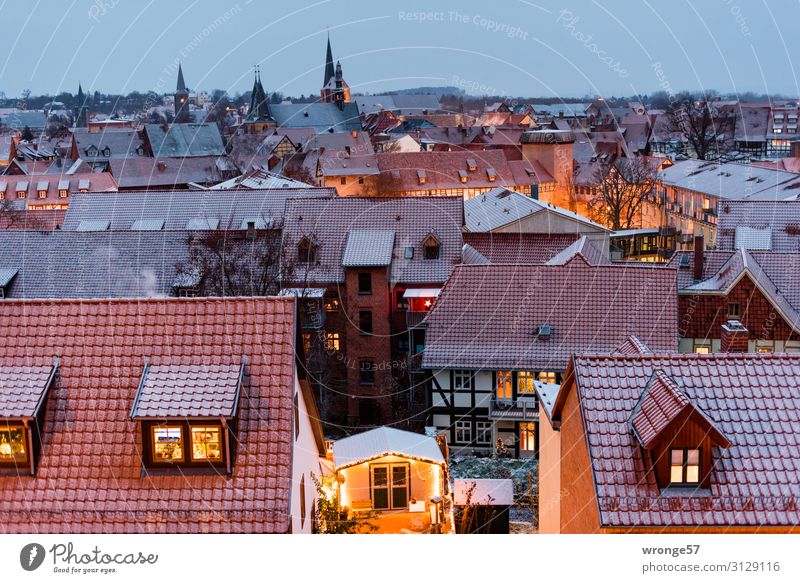 Winterliches Quedlinburg Kleinstadt Stadtzentrum Menschenleer Haus Fenster Dach kalt Wärme blau braun mehrfarbig weiß Schutz Geborgenheit Warmherzigkeit Frost