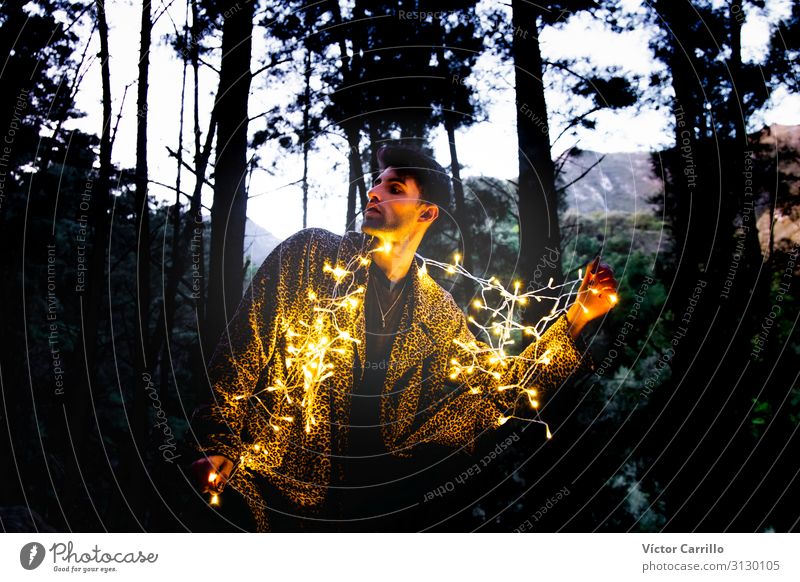 Ein junger Mann mit kleinen Lichtern im Wald. Lifestyle elegant Stil Design exotisch Freude Glück Mensch maskulin 1 18-30 Jahre Jugendliche Erwachsene Gefühle