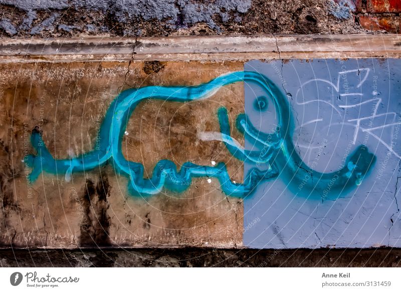 Strassenelefant Kunst Maler Mauer Wand Fassade trendy blau braun türkis Farbfoto Außenaufnahme Experiment abstrakt Menschenleer Tag Zentralperspektive