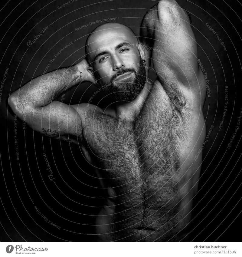 Porträt eines nackten Muskelmanns im Studio Mann erotisch Pose posierend Pilous Bär bärtig Papi itim Einfühlungsvermögen Model Schönheit Kosmetik Duftwasser
