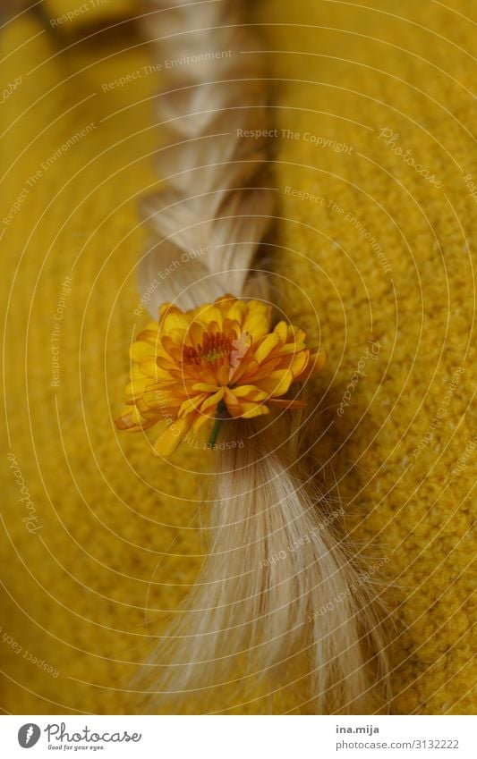 blondes geflochtenes Haar mit Blüte als Haarschmuck Umwelt Natur Herbst Blume Accessoire Haare & Frisuren langhaarig Zopf ästhetisch Duft Konzentration