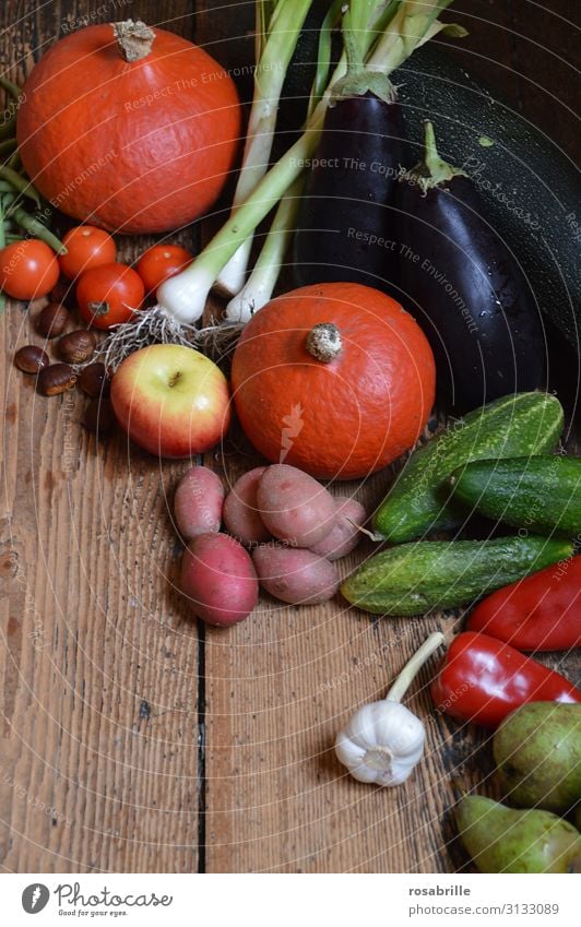 lebensnotwendig | Gemüse - Erntedank mit verschiedenem Obst und Gemüse auf Holzbrettern Feiertag frisch Lebensmittel Nahrungsmittel biologisch Ernährung gesund