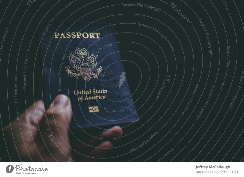 Eine Hand hält einen Reisepass. Ferien & Urlaub & Reisen Tourismus Ausflug Abenteuer Sightseeing Finger Bundesadler Schutzschild USA Amerikaner Ausweis
