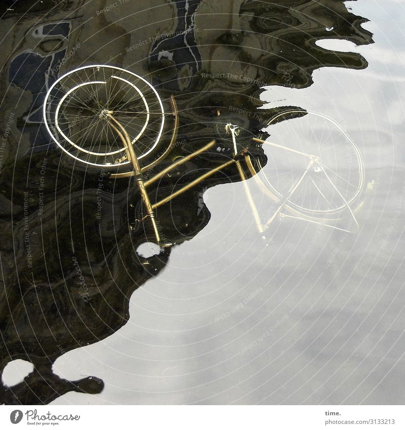 Badespaß fahrrad wasser warten dunkel alt pause ausruhen metall gefährt liegen entsorgt spiegelung nass feucht kanal zittrig