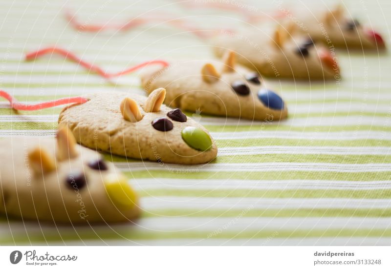 Kekse mit mausförmigem und rotem Süßholzschwanz Dessert Dekoration & Verzierung Menschengruppe Haustier Maus frisch lecker Tradition Lebensmittel Tischwäsche