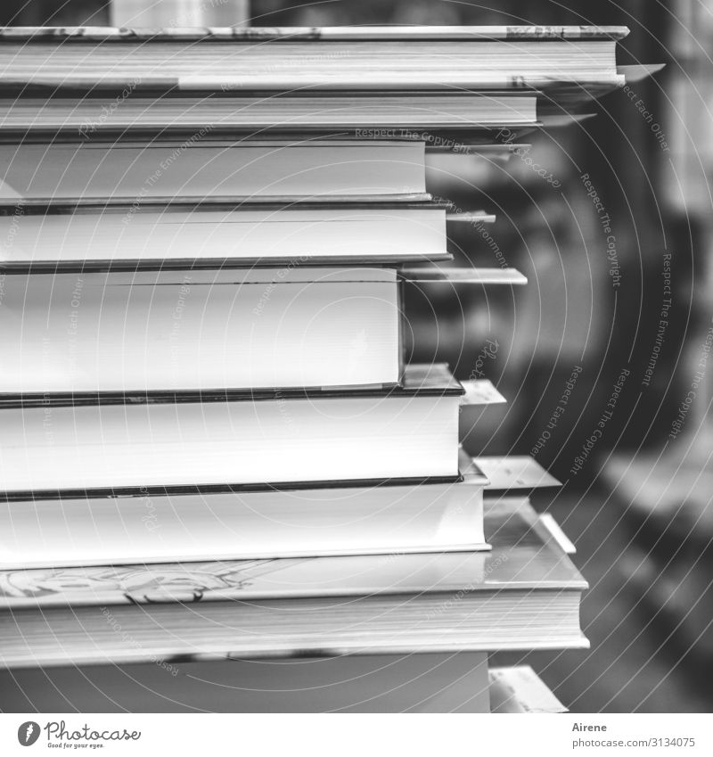 Bildungsangebot lesen Arbeitsplatz Buchladen Bibliothek Stapel Lesezeichen kaufen verkaufen eckig hoch einzigartig viele grau schwarz weiß Weisheit fleißig
