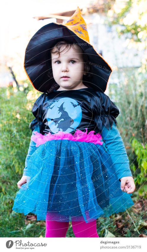 Ein kleines Mädchen mit einem Halloween-Kostüm. Freude Glück Feste & Feiern Kind Kindheit Herbst Kleid Hut dunkel schwarz Entsetzen Tradition Hexe Tracht
