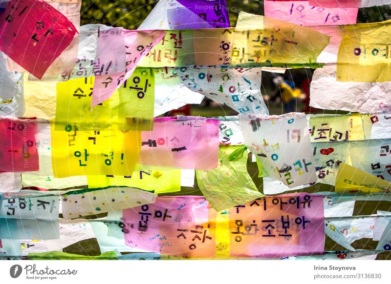Koreanische Noten Zeichen Schriftzeichen gelb rosa weiß Tugend Fröhlichkeit Coolness Macht Süd Korea schreibend Farbfoto mehrfarbig Außenaufnahme Nahaufnahme