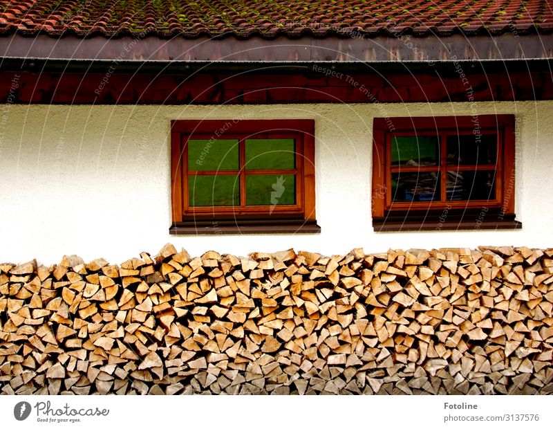 Holz vor der Hütte (II) Dorf Haus Einfamilienhaus Mauer Wand Fassade Fenster Dach nah Wärme braun rot weiß Brennholz Stapel Holzstapel winterfest Farbfoto