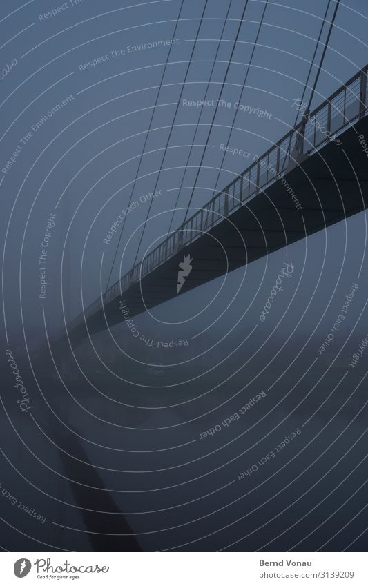 wohin? Wasser Herbst Nebel Flussufer Brücke dunkel blau Draht Geländer Reflexion & Spiegelung Perspektive Fluchtpunkt hoch leicht Wohnmobil Farbfoto