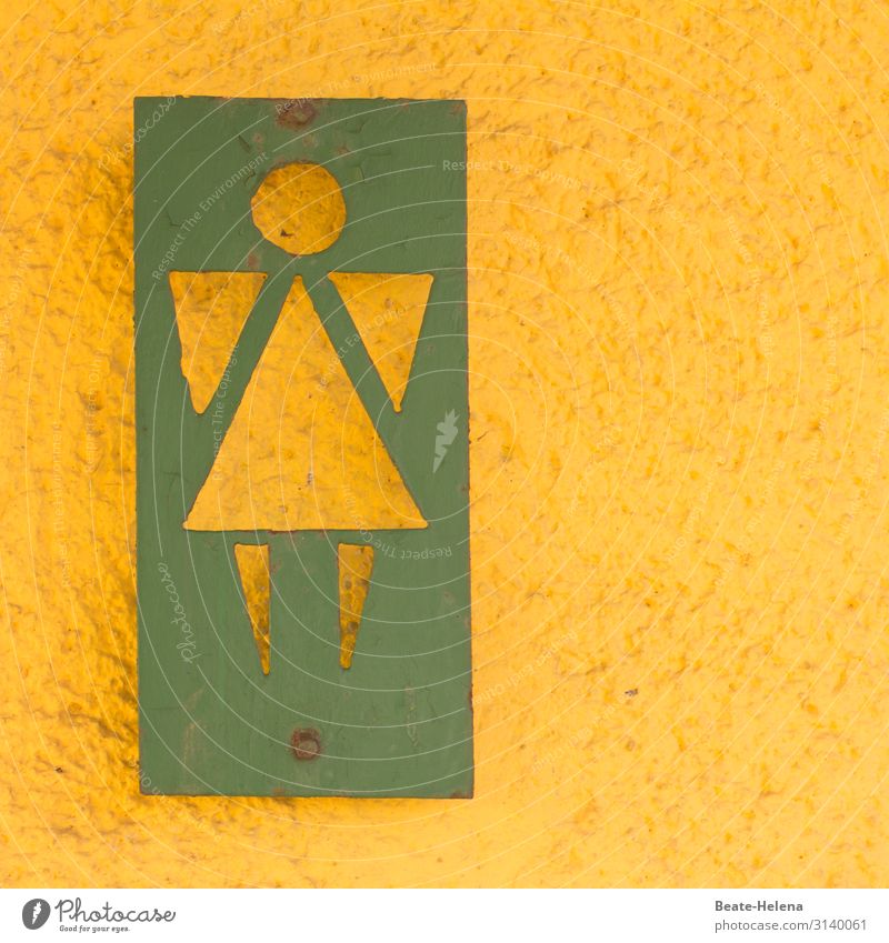 Bei Dringlichkeit fast wie im Himmel: Hinweis auf öffentliche Toiletten für Frauen himmlisch Frauentoilette Engel unterwegs gelb grün Symbol Hinweisschild