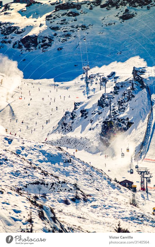 Menschen, die an einem sonnigen Wintertag auf einem Berghang Ski fahren Lifestyle Sport Skier Skipiste Menschenmenge genießen sportlich Coolness authentisch