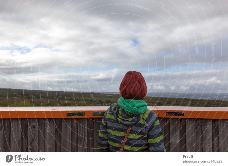 Weitsicht Ausflug feminin Junge Frau Jugendliche Erwachsene 1 Mensch 18-30 Jahre Landschaft Wolken Herbst Nationalpark Jacke Kapuze rothaarig Blick Ferne