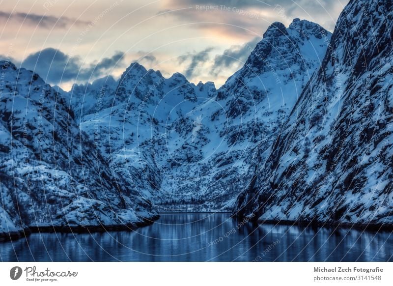 Blick auf den Eingang des Trollfjords mit schneebedeckten Bergen schön Abenteuer Insel Winter Schnee Berge u. Gebirge wandern Klettern Bergsteigen Natur