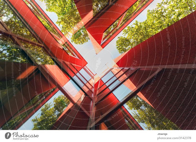 Rotes Gebäude abstrakt Stil Design Bauwerk Architektur trendy rot Farbe Fortschritt Zukunft Linie Menschenleer Froschperspektive Fassade Reflexion & Spiegelung