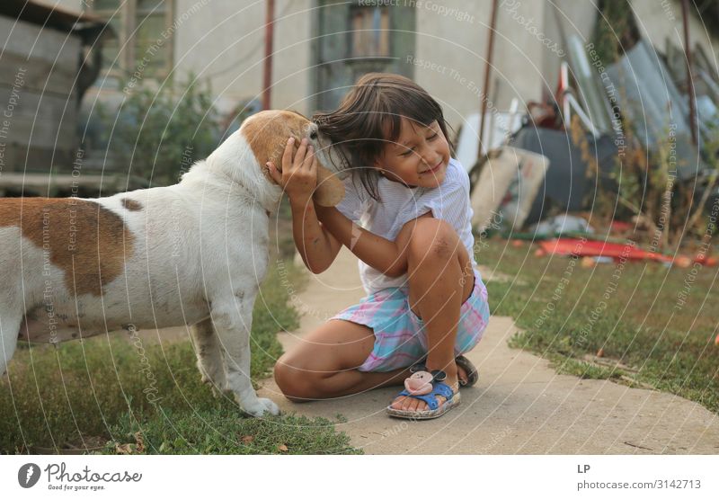 Hund schnüffelt an einem glücklichen Kind Kindererziehung Bildung Kindergarten Ackerbau Forstwirtschaft Telekommunikation Natur Garten Tier Haustier Nutztier