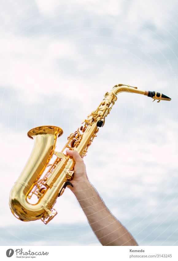 Handgehaltenes Saxophon mit bewölktem und weichem Himmelshintergrund. Lifestyle Design Freude schön Wellness Leben harmonisch Freizeit & Hobby Freiheit Musik