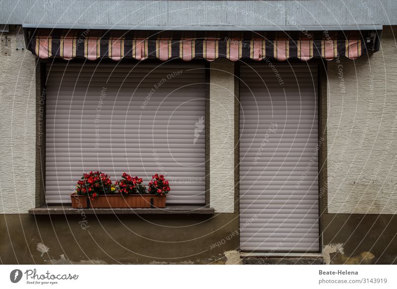 verreist - verwaist Wohnung Balkon Rolläden geschlossen Blumenschmuck Fassade Haus trist grau Häusliches Leben Menschenleer Fenster Gebäude Sparmaßnahme