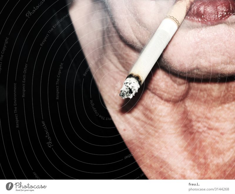 Zigarette Mensch feminin Frau Erwachsene Mund 45-60 Jahre Rauchen alt hässlich verrückt trashig rot schwarz selbstbewußt Genusssucht Sucht Hautfalten Farbfoto