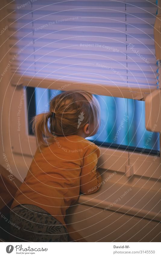 Kind Mädchen schaut sehnsüchtig durchs Fenster corona Quarantäne ausgangssperre eingesperrt coronavirus Weihnachten & Advent Kindererziehung Mensch feminin