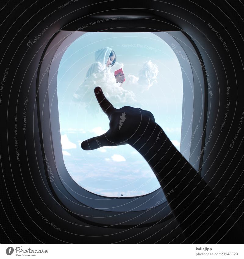 bildungsreise Mensch Kind Mädchen Arme Hand Finger 2 Umwelt Natur Wolken Luftverkehr Flugzeug Passagierflugzeug Flugzeugausblick lesen Buch zeigen Zeigefinger