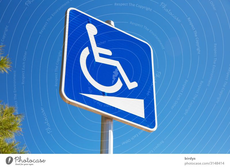 Barrierefrei ? Gesundheitswesen Rollstuhl androgyn 1 Mensch Wolkenloser Himmel Schönes Wetter Zeichen Schilder & Markierungen Hinweisschild Warnschild