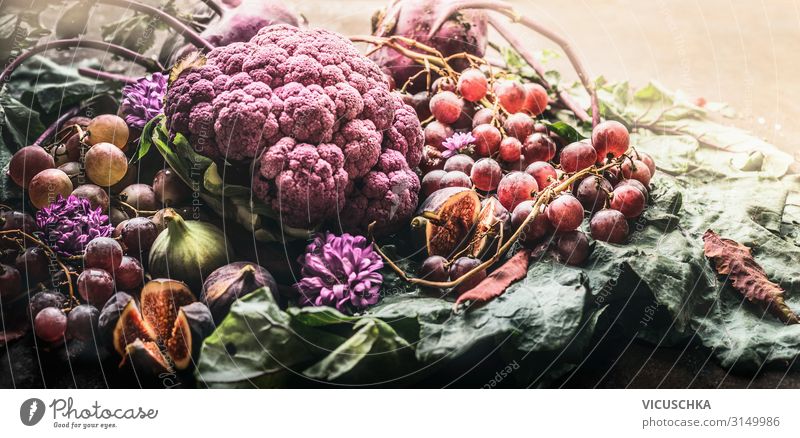 Lila Obst und Gemüse Lebensmittel Ernährung kaufen Design Gesundheit Gesunde Ernährung Stil Hintergrundbild Stillleben Kohlrabi Blumenkohl Weintrauben Feige