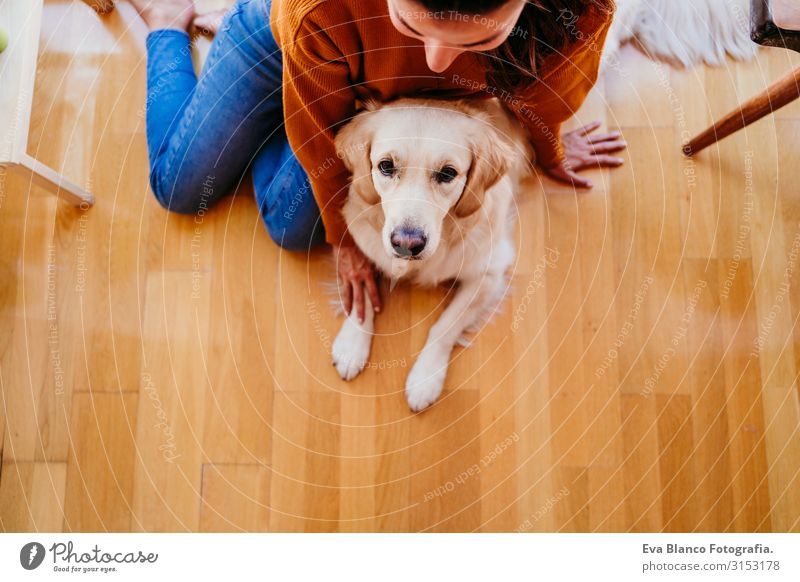 Schöne Frau, die zu Hause ihren bezaubernden Golden Retriever Hund umarmt. Konzept der Liebe zu Tieren. heimwärts Umarmen Lifestyle Innenaufnahme Zusammensein