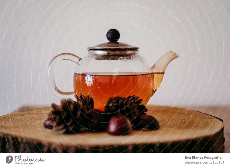 Teekanne mit Tee auf einem Holztisch. Daneben Ananas und Kastanien. Morgens, tagsüber. Herbst-Saison braun Innenaufnahme Menschenleer heimwärts Haus Tag