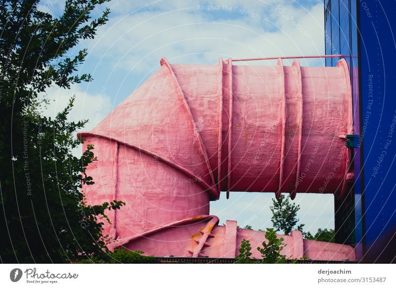 Abgeknickt ist ein rosa Rohr an einer blauen Wand. Links ist ein Baum. Design Leben Ausflug Industrie Umwelt Sommer Schönes Wetter Flussufer Berlin Deutschland