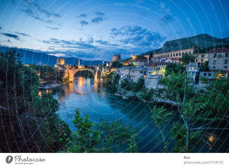 Mostar panorama after sunset Ferien & Urlaub & Reisen Tourismus Sightseeing Natur Fluss neretva Balkan Bosnien-Herzegowina Bosnia Herzegovina