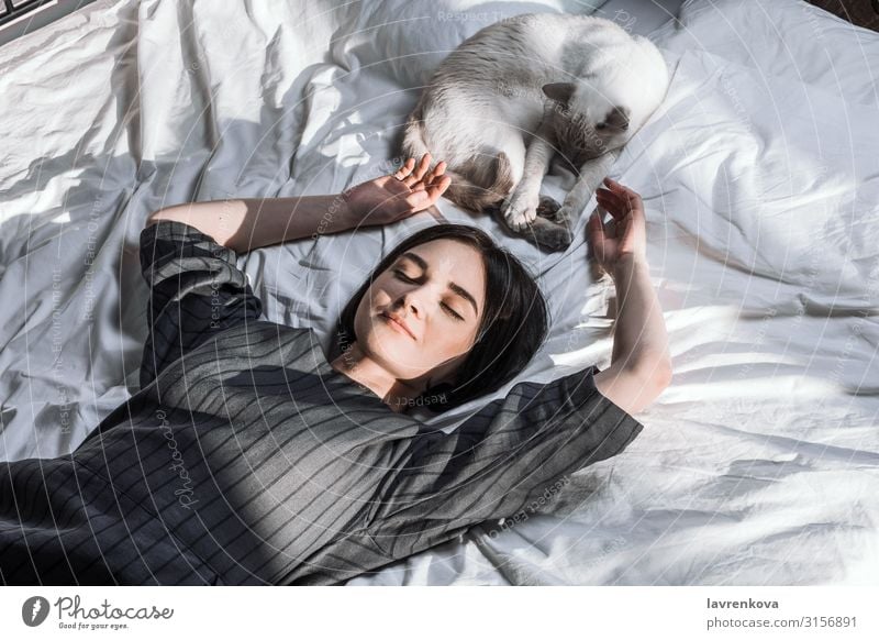 Junge erwachsene Frau im Bett liegend, mit ihrer Katze und einem Stapel Bücher in ihren Händen Adoption Bettwäsche Schlafzimmer Decke Bettdecke gemütlich