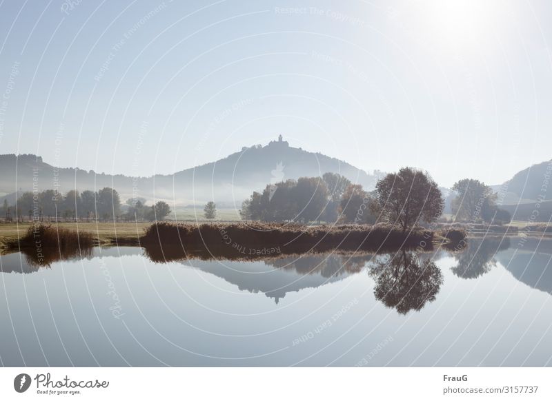 naturverbunden | Burg und See im Herbst Landschaft Natur Berge Wachsenburg Seeufer Bäume Nebel Spiegelung Himmel Sonne Ruhe Idylle Erholung friedlich