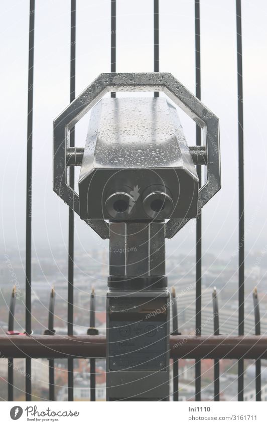 Fernblick | UT Hamburg Luft Himmel Herbst schlechtes Wetter Nebel Hafenstadt Menschenleer Fernglas Teleskop Glas Metall grau schwarz Gitter Nebelschleier