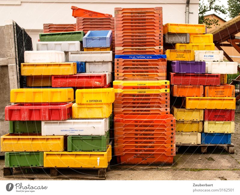Farbige Plastikbehälter für Fische Fischereihafen Fischereiwirtschaft Behälter u. Gefäße Kasten Kunststoff Arbeit & Erwerbstätigkeit fangen authentisch maritim