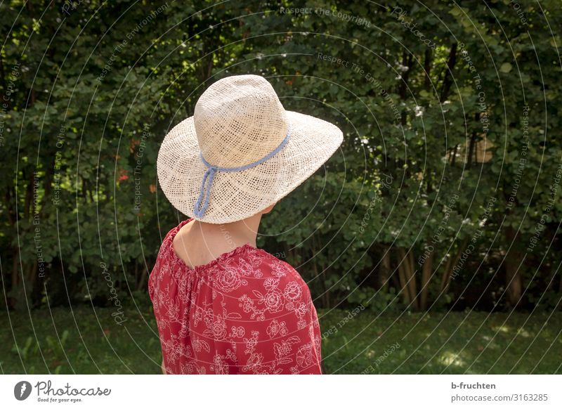 Frau mit Sonnenhut im Park Zufriedenheit Erholung ruhig Erwachsene Kopf Rücken 1 Mensch Natur Sommer Pflanze Baum Sträucher Garten Hut beobachten genießen