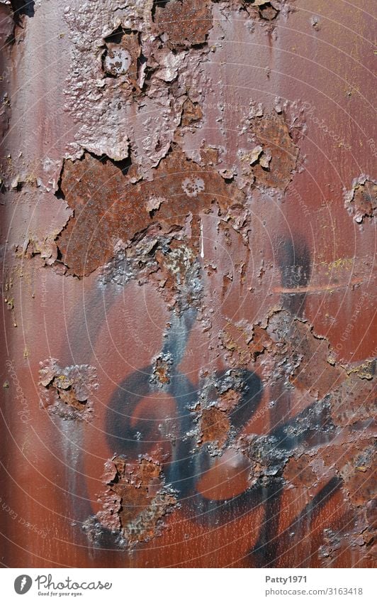 Metalloberfläche mit Rostflecken und Graffiti Container Oberfläche alt trashig braun rot Stadt Verfall Vergänglichkeit Farbfoto Außenaufnahme Menschenleer
