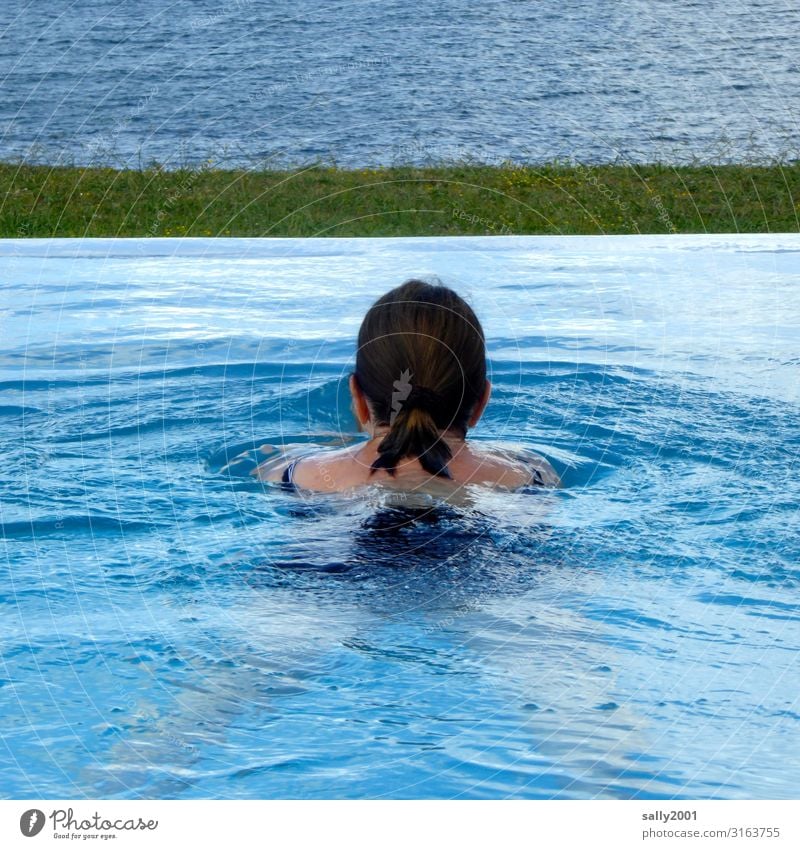 Die Badesaison ist eröffnet... Frau schwimmen baden Pool Swimmingpool Infinity Pool blau Sommer erfrischen erfrischend Meer Aussicht Ausblick Schwimmerin Urlaub