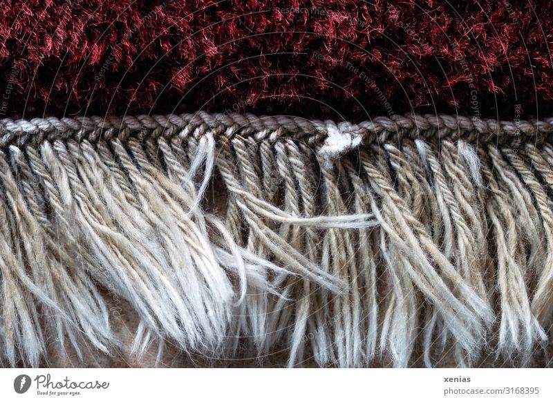 Fransen am Teppichrand Häusliches Leben Raum Teppichfranse Bodenbelag weich rot weiß geknüpft fransig Gedeckte Farben Innenaufnahme Nahaufnahme Detailaufnahme