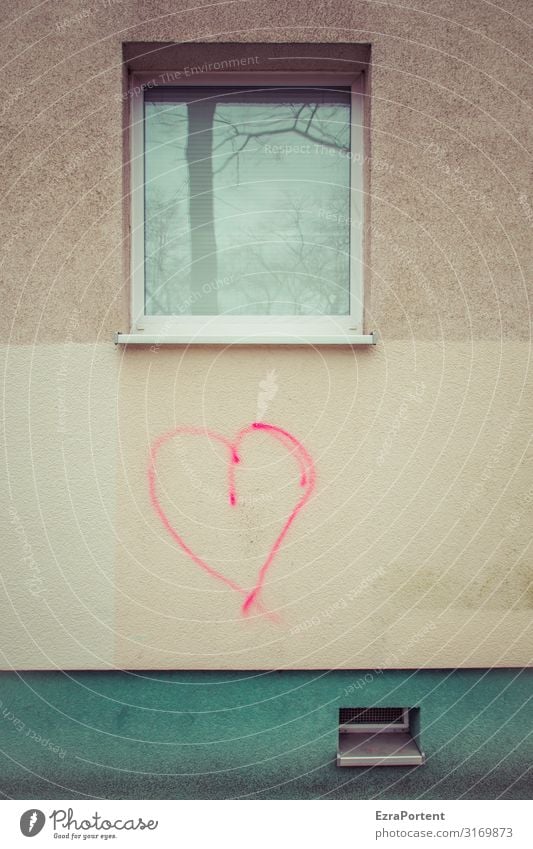 Herzensangelegenheit Haus Bauwerk Gebäude Architektur Mauer Wand Fassade Fenster Glas Zeichen Graffiti Linie Streifen Liebe grau grün rot Gefühle Freundschaft