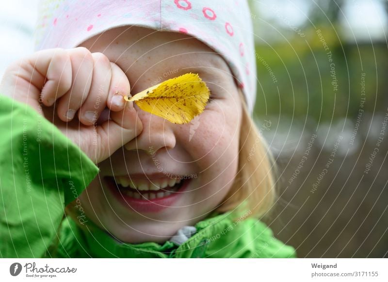 Ein Kind spielt im Herbstlaub und freut sich Gesicht Kindererziehung Kindergarten Mädchen Lächeln lachen Außenaufnahme Textfreiraum rechts