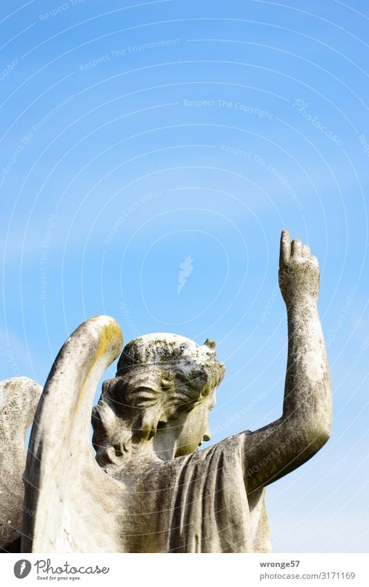 700 - mit der Hilfe von oben Skulptur Stein Zeichen alt blau grau Engel Friedhof zeigen Zeigefinger himmelwärts Himmel (Jenseits) Blauer Himmel Farbfoto
