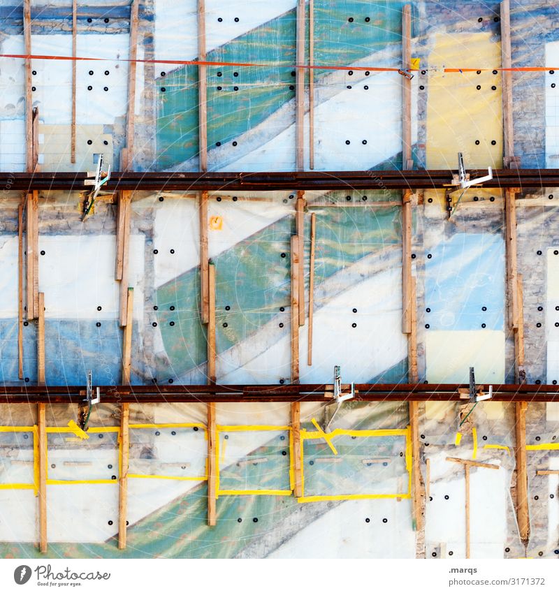 Reconstruction Hausbau Renovieren Handwerker Baustelle Bauwerk Mauer Wand Linie Streifen neu blau gelb grün weiß ästhetisch komplex Ordnung Wandel & Veränderung